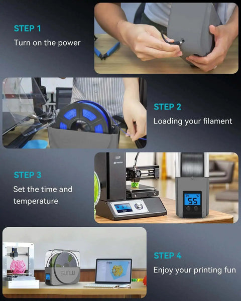 Step-by-step guide to using the Filament Dryer Box S1 Plus with built-in circulation fan for 3D printer filament moisture removal.
