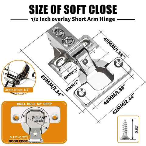 Diagram showing dimensions of Soft Close Cabinet Door Hinges 24 Pack, Half Inch Overlay, 100 Degree Opening, Stainless Concealed Kitchen Hinges.