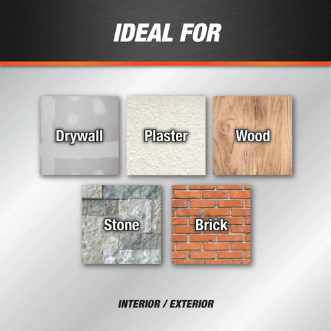 DryDex Dry Time Indicator Spackling chart showing ideal surfaces: drywall, plaster, wood, stone, and brick for interior/exterior