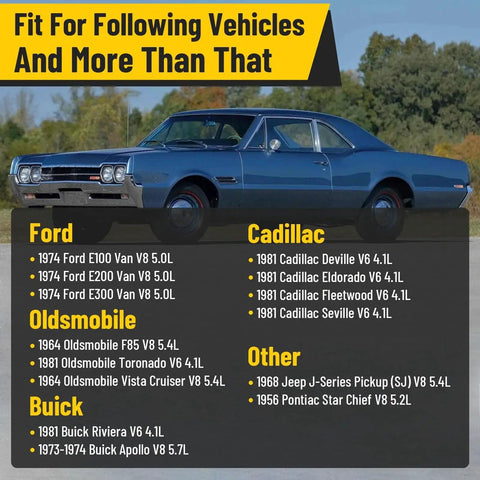 Classic blue car with a list of compatible vehicles including Ford, Oldsmobile, Buick, Cadillac, and others.