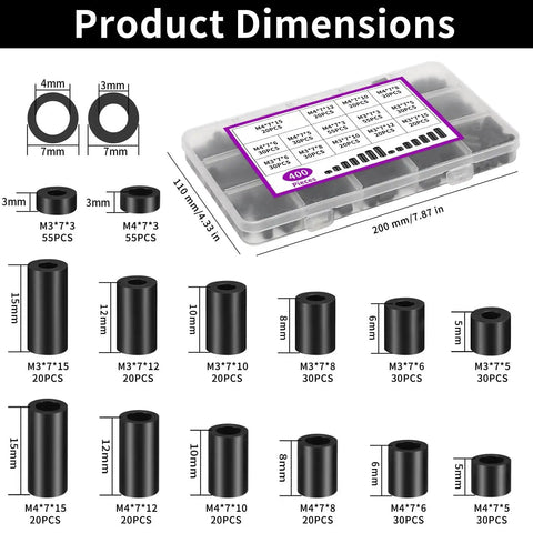 Diagram of 400 pack nylon electrical outlet spacers in 14 sizes, ABS round spacers and standoffs, non threaded screw spacers, plastic washers, black.