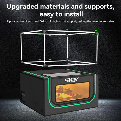 Front view of Integrated Laser Engraver Enclosure With LED Light And Vent Kit For Most Laser Cutters Smoke Odor And Noise Shield Eye Protection Tent 720 By 720 By 400 Millimeter Enhanced Bottom Design For Pro Grade Airflow And Debris Capture