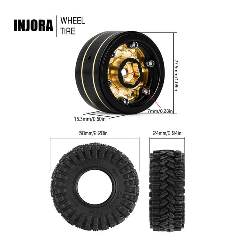 Brass Beadlock Wheel Set With Black Coating And S5 1.0 Crawler Tires For Axial SCX24 AX24 TRX4M FCX24 Upgrades 1/24 1/18 RC Crawlers