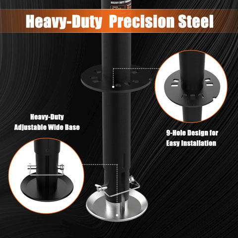 Heavy-Duty A-frame trailer jack in black steel with adjustable drop leg and circular base plate