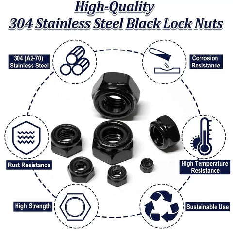 Six black lock nuts in various sizes, displaying features of 180 Pack Black Lock Nuts Assortment Kit M3 Through M12 Nylon Insert Nylock Nuts