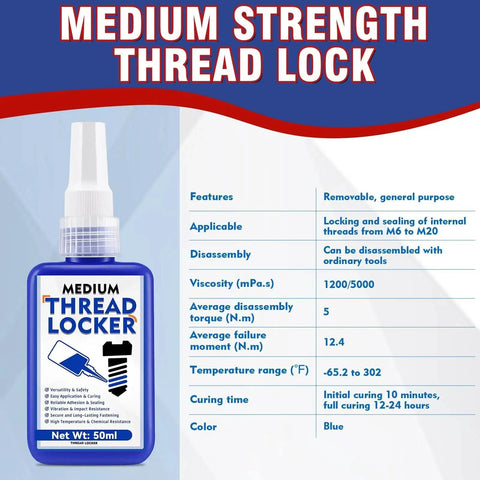 Blue Thread Locker 50ml Medium Strength Waterproof Threadlocker For Nuts Bolts And Fasteners That Keeps Screws Tight And Resists Loosening And Corrosion Even On Extreme Vibration Removable Releasable By Lubynia bottle front view