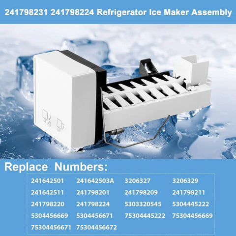 Angled front view of refrigerator ice maker assembly, white housing with black drive module and metal bracket