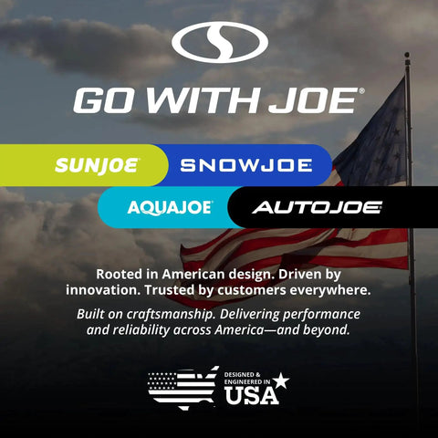Go With Joe branding image with American flag and SunJoe, SnowJoe, AquaJoe, and AutoJoe logos, emphasizing American craftsmanship.
