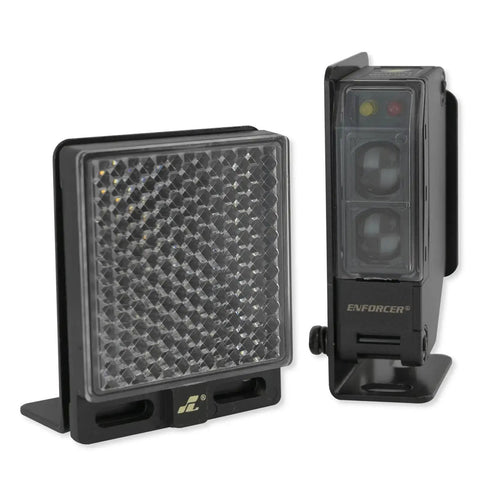 Enforcer Indoor Outdoor Wall Mounted Photoelectric Beam Sensor With 35 Foot Range For Perimeter Security, Weatherproof Infrared Beam Detector shown with reflector