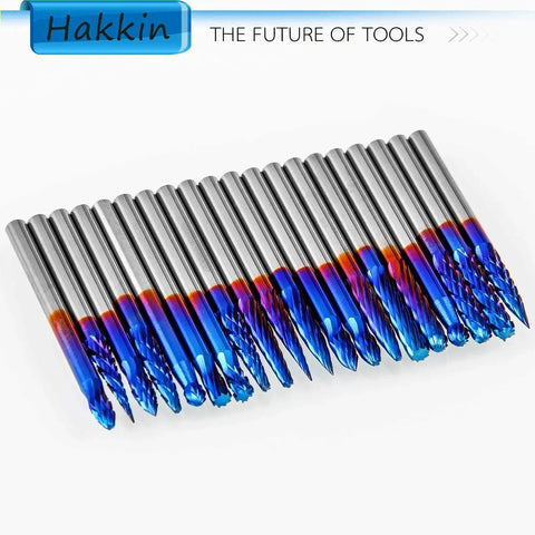 Pro Grade Carbide Rotary Burrs Set 20 Piece With 1 Eighth Inch Shank Nano Blue Coated Ball Nose End Mills Double Cut shown front view
