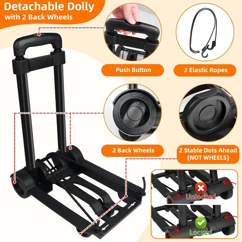 Detachable dolly with push button, elastic ropes, and two back wheels