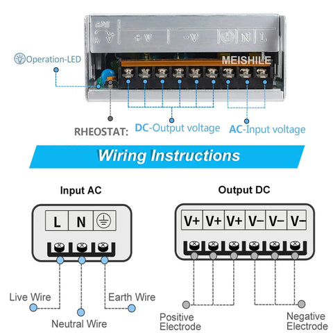 Beefy 24V 25A 600W DC Power Supply Adapter wiring diagram with input AC and output DC connections.