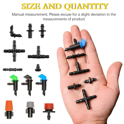 204-piece drip irrigation fittings kit with black barbed connectors: tees, elbows, end plugs, 4-way coupling.