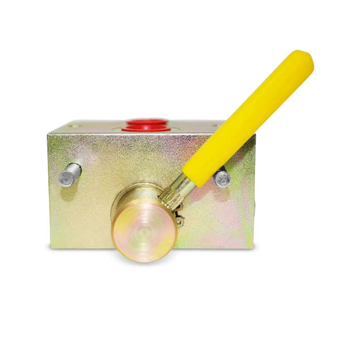 Manual Hydraulic Multiplier And SCV Splitter Diverter Valve with a yellow 45-degree handle, converts one circuit into two, made in USA.