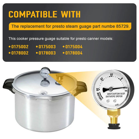 Pressure canner gauge replacement for Presto; metal dial gauge compatible with models 0175002–0178004