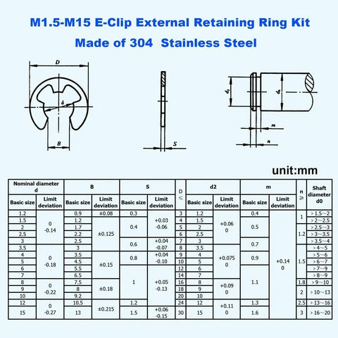 Stainless Steel External Retaining Ring E Clip Assortment Kit, 14 Sizes, 350 Pieces, with size chart and diagrams.
