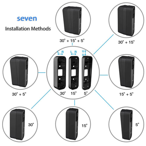 Diagram of Adjustable Doorbell Angle Mount for Blink 1st Gen and REOLINK WiFi with 7 tilt options from 15° to 45° angles.