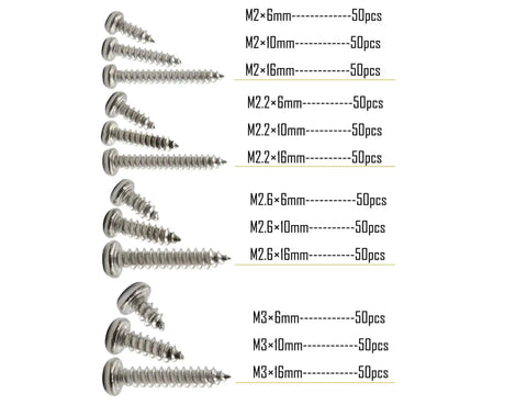 600 Piece Self Tapping Sheet Metal Screw Kit In 12 Sizes M2 M2.2 M2.6 M3 Pan Head 304 Stainless Steel Silver Finish diagram