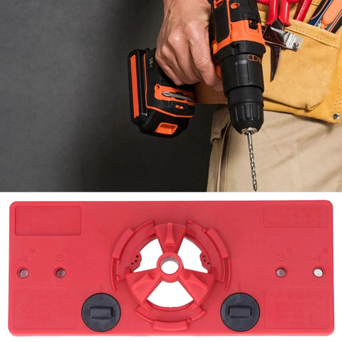 Red Woodworking Hinge Hole Saw Jig With 35mm Drill Guide Locator for Precise Positioning on cabinet and furniture projects.