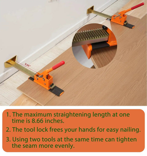Ratcheting Flooring Jack Hardwood Laminate Plank Tongue And Groove Straightener in use on wood floor installation