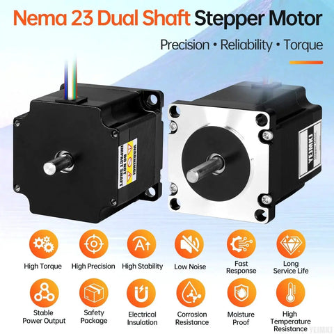 Dual Shaft Nema 23 Stepper Motor High Torque For CNC Mill And 3D Printer, front and side view with dual shafts and features