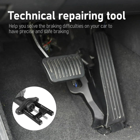Brake adjustment tool, CNC aluminum, magnetic N48, shown in car footwell near pedals.