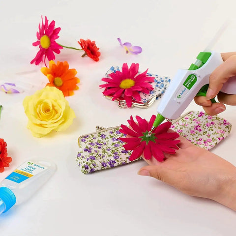 Using hot glue gun with Hot Glue Sticks Mini 4 Inch Clear 30 Pack Multi Temp Wood Metal Glass Fabric on flower craft project