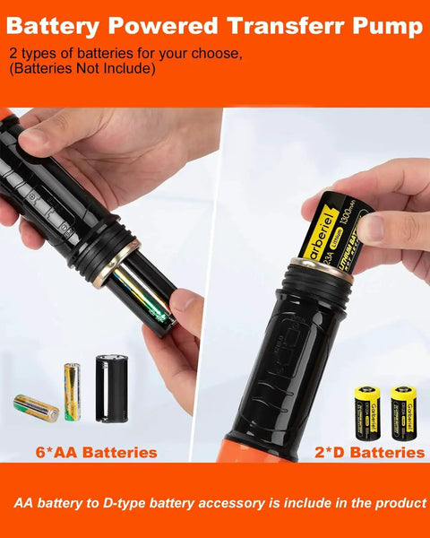 Portable Battery Powered Siphon Pump For Gas Diesel Water Transfer 2.4 GPM showing battery compartment for AA and D batteries