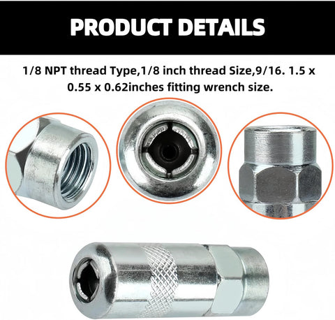 4-pack Milwaukee grease gun coupler tips, chrome metal, full-length view.
Close-up of 1/8 NPT threaded end on chrome Milwaukee grease gun coupler tip.
Close-up of inner mechanism on chrome Milwaukee grease gun coupler tip.
Close-up of hex nut end on chrome Milwaukee grease gun coupler tip.