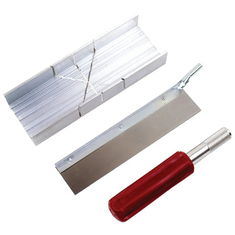 Six Inch Metal Miter Box Set With Aluminum And Steel Construction For Precise 45 And 90 Degree Cuts In Wood Plastic And Soft Metals Includes K5 Handle And Razor Pull Saw Made In USA, components shown separately.
