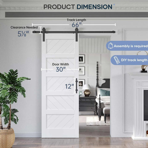 White 30x84 Inch Sliding Barn Door With 5.5 Ft Hardware Kit Included Solid MDF Slab With Waterproof Scratch Resistant PVC Surface DIY Easy Install Space Saving 5 Panel Door For Home And Apartment Renovations installed in a living room.