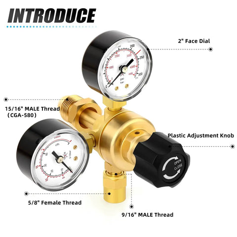 Rugged Argon CO2 Welding Regulator With 2 Inch Dual Gauges showing thread sizes and adjustment knob for precise gas regulation.