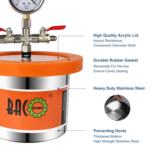 BACOENG 2-Quart stainless steel vacuum chamber with orange lid and pressure gauge