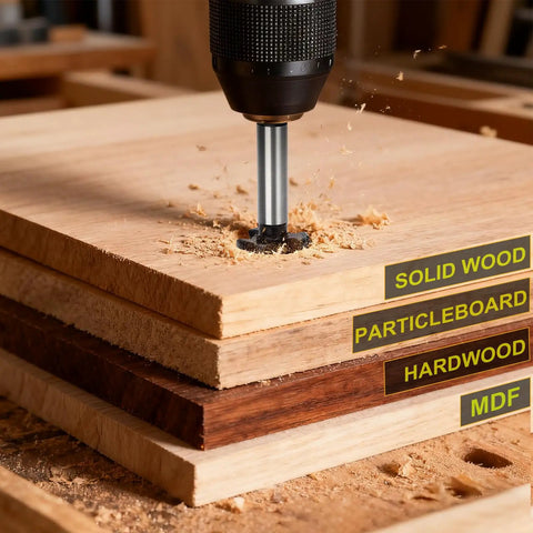 7/16 Inch Forstner Drill Bit With 1/4 Inch Quick Change Hex Shank Tungsten Carbide Tipped cutting through various wood layers