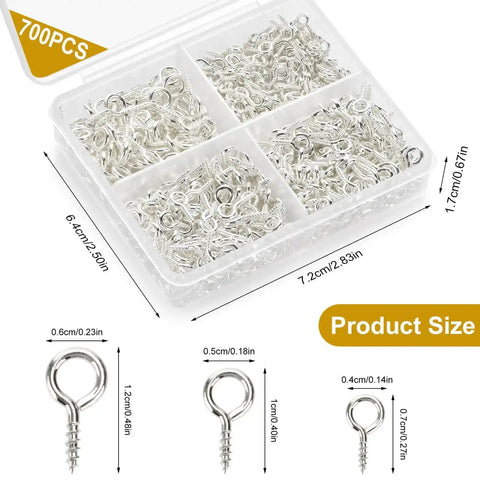 All Purpose Screw Eye Pins Set For Jewelry Making, 700Pcs, silver eye pins in three sizes, shown in plastic organizer, sizes labeled.