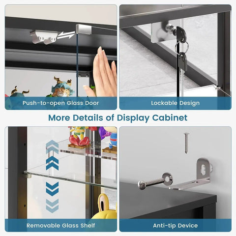 Push-to-open door, lockable design, removable glass shelf, and anti-tip features of the 8-Tier RGB Glass Display Cabinet With Motion Sensor And Remote, Lockable Glass Doors, 73 Inch Tall Curio Showcase For Collectibles And Figures, Black Finish, The Dope Home Gallery Display That Pops