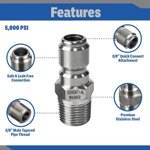 Stainless Steel Three Eighths Inch Plug Male NPT Pressure Washer Quick Connect Fittings Set Of Two For Up To Five Thousand PSI