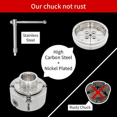 Versatile Workhorse 4 Inch Wood Lathe Chuck Set With 1x8 Tpi Thread And Three Quarter By Sixteen Tpi Adapter Nickel Plated Self Centering 4 Jaw Wood Turning Chuck Includes Two Jaws showing stainless steel design comparison with rusty chuck