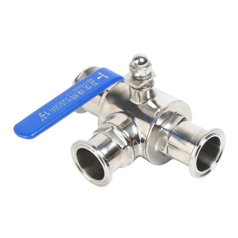 QiiMii 1.5 in stainless steel tri-clamp sanitary ball valve with blue lever handle, 3-way T-port, PTFE lined