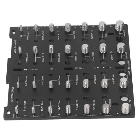 Aluminum Alloy Thread Checker Bolt Nut Identifier Board With 28 Holes For Metric And SAE Threads, top view with threaded holes.