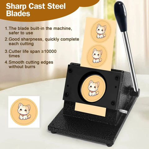 Image of 1.38 Inch Circle Paper Punch For Button Making, 35mm Die Cutter with sharp cast steel blades and cat image cutout.