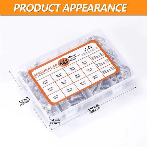 Clear plastic box containing Beefy Heavy Duty 448 Pcs Metric Hex Bolt And Nut Assortment Set M5 M6 M8 Stainless Steel.