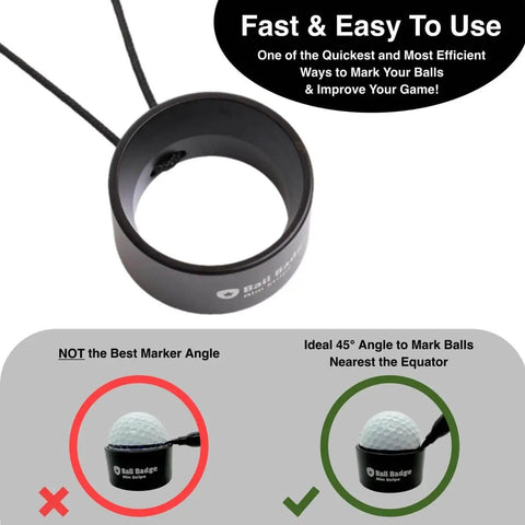 360 Degree Golf Ball Line Marker Kit With Full Metal Alignment Tool And Bag Attachment, showing proper marking angles.