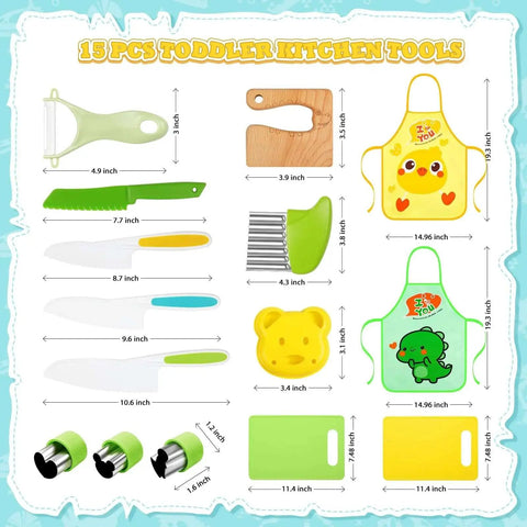 Montessori Toddler Knife Set With Real Cooking Tools For Kids, 15 Piece Kitchen Play Kit Including Plastic Serrated Knives and Aprons