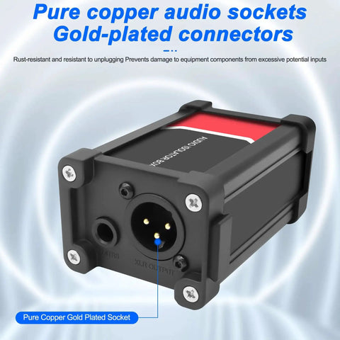 Audio Isolator Box For XLR And 1/4 Inch TRS Gear, Hum Eliminator With Ground Lift Switch, showing pure copper audio sockets