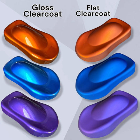 Gloss and Flat clearcoat colors on automotive paint swatches, showcasing 2K Clearcoat Kit With Hardener 4 To 1 Mix High Gloss Top Coat effects.