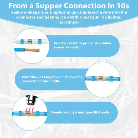 Instructional diagram for using Heat Shrink Self Soldering Butt Connector Kit 455 Pieces 26 10 AWG Waterproof Solder Seal Wire Connectors