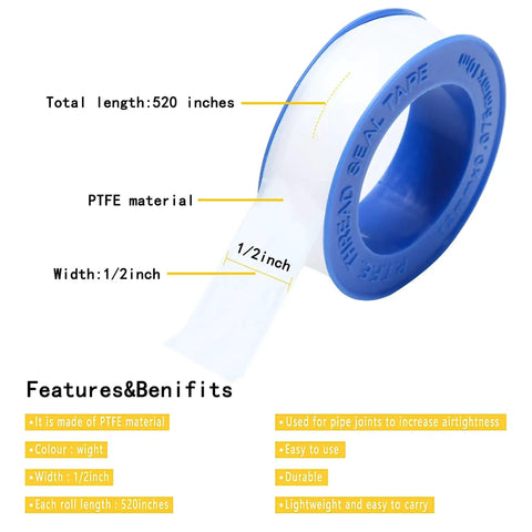 PTFE Plumbers Tape Two Pack 0.5 Inch Wide Teflon Tape with blue spool, showing PTFE material, 520 inches total length for pipe sealing.