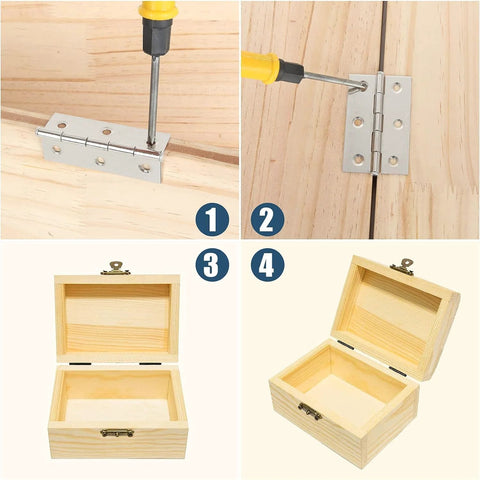 20Pcs stainless steel folding hinges, 3-inch, being installed on wood with screwdriver
20Pcs stainless steel folding hinge, 3-inch, installed on wooden door with screwdriver
Wooden storage box with lid open and brass latch on front
Open wooden box with lid raised, natural pine finish and empty interior