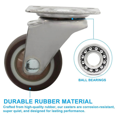 1.5 Inch Caster Wheels 4 Pack Low Profile No Noise Mini Swivel Casters With 360 Degree Top Plate, durable rubber, side view.